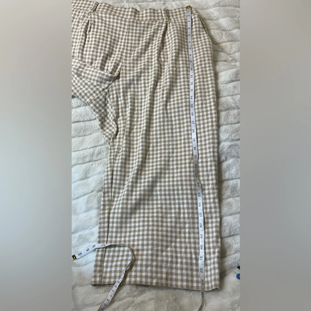 Lands End XL Tan White Gingham Plaid Wide Leg Crop Pull On Casual Coastal Pants